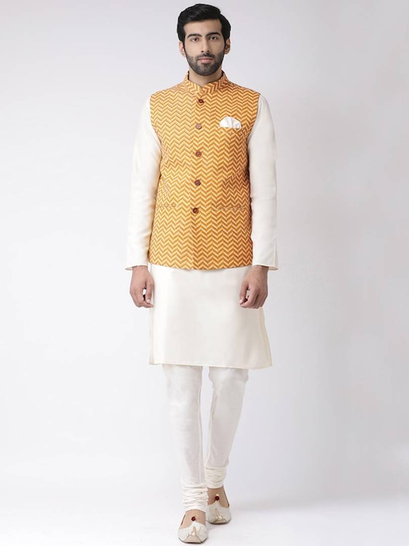 Men's Yellow Cotton
 Printed Nehru Jackets